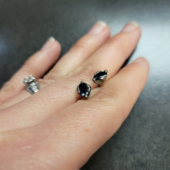 Jewelry - Sterling Silver Black Stone Earrings, Pierced Studs, Ovals